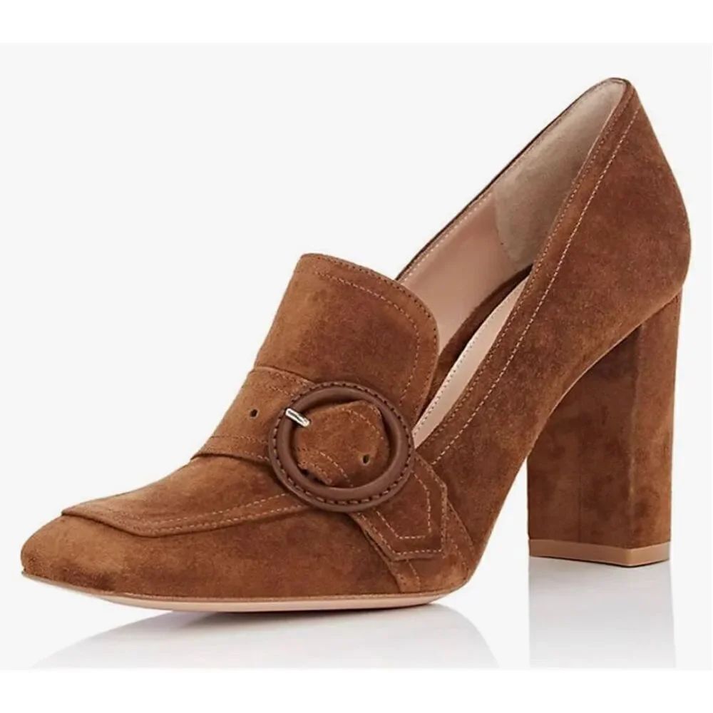 YDN Women Chunky High Heels Square Toe Loafers Shoes Slip On Suede